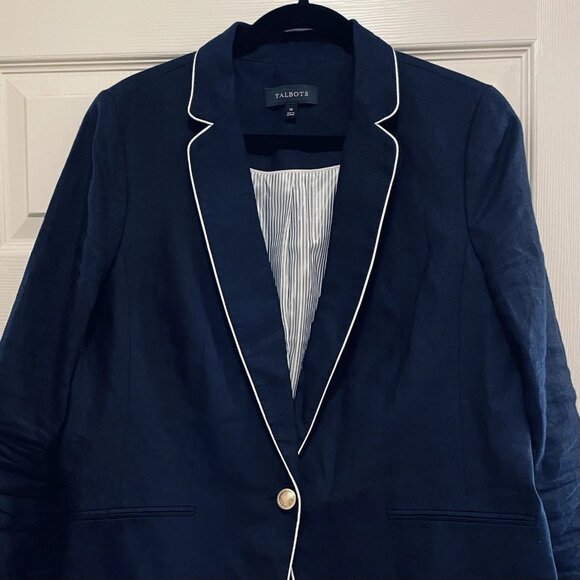 TALBOTS Navy Blue Piped 100% Linen Long Sleeve Jacket Sz 14 - Picture 7 of 11